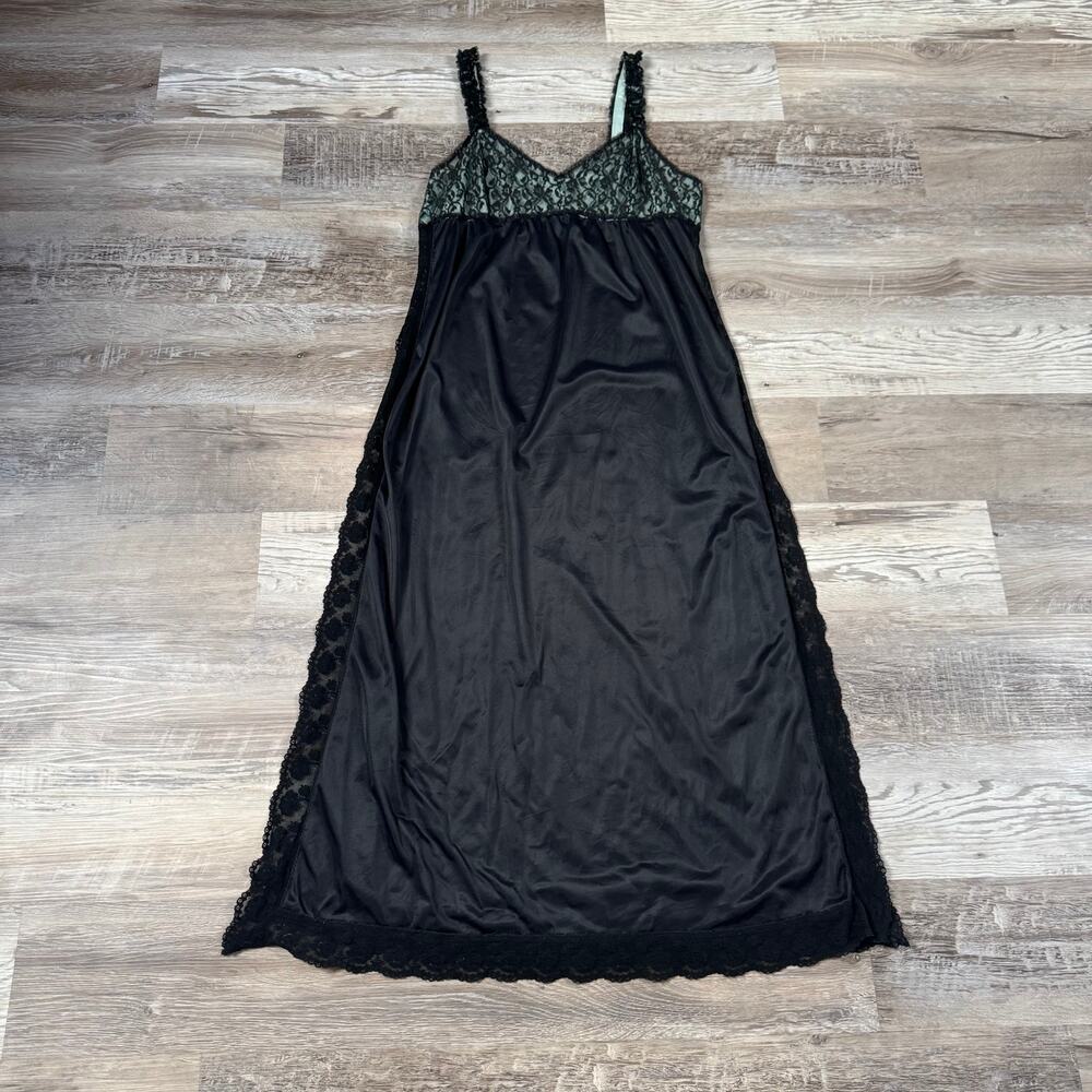 Vintage 90s Black Sheer Lace Maxi Slip Dress High Slit Romantic Goth Lingerie M
